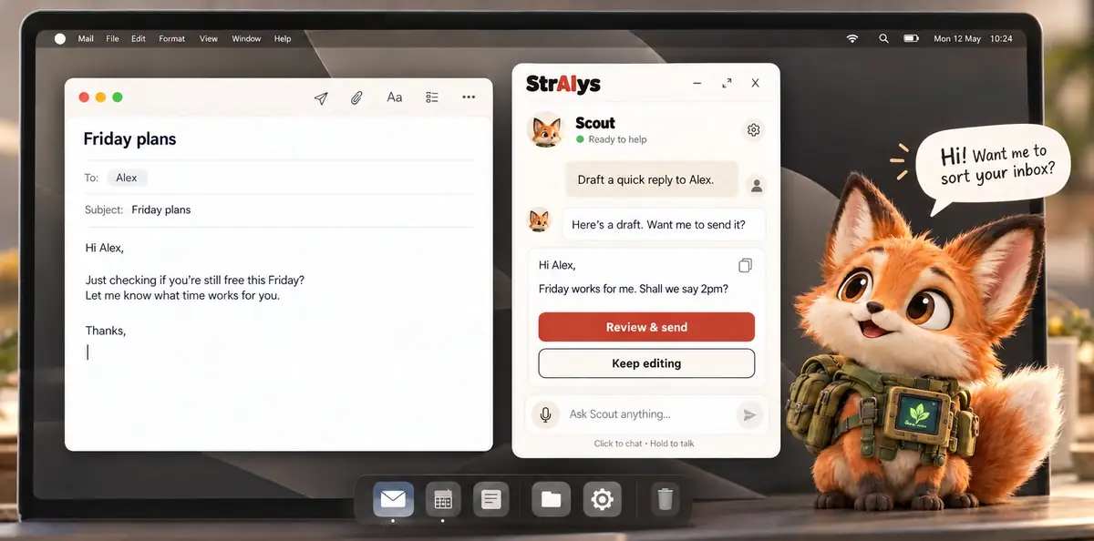 Scout the fox sits on a Mac desktop beside a StrAIys chat panel, offering to draft an email reply for approval.